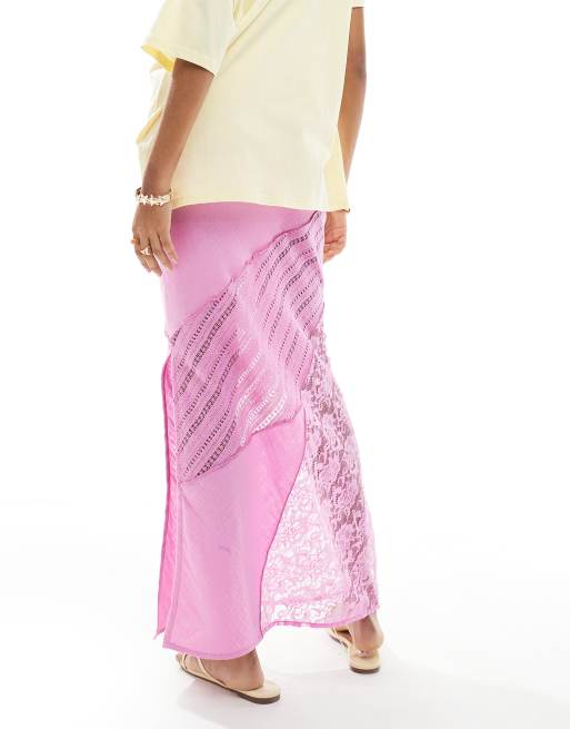 Falda larga morada con diseño tipo patchwork de encaje y tejido efecto lino de ASOS DESIGN, 4 de 5