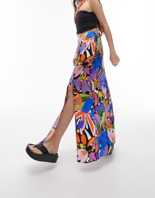 Falda larga multicolor con diseño estampado y abertura doble de Topshop