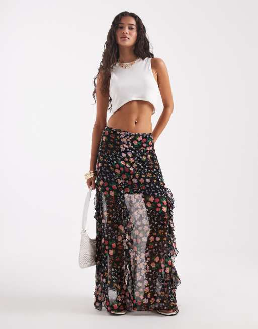 Falda larga multicolor con estampado floral y volantes de chifón de ASOS DESIGN
