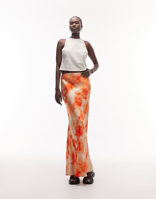 Falda larga naranja con estampado efecto tie dye de Topshop Tall