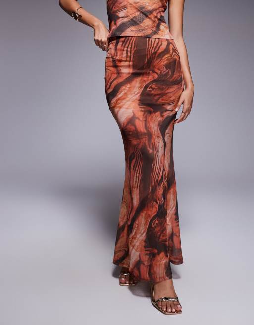 Falda larga naranja de corte sirena con estampado abstracto de malla transparente Mix & Match de ASOS DESIGN, 2 de 5