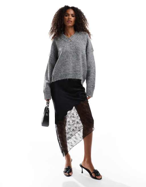 Falda larga negra asimétrica de mezcla de satén y encaje de ASOS DESIGN