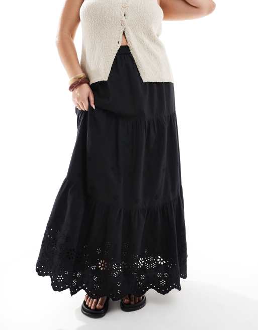 Falda larga negra con diseño calado de algodón de ASOS DESIGN Curve, 2 de 5