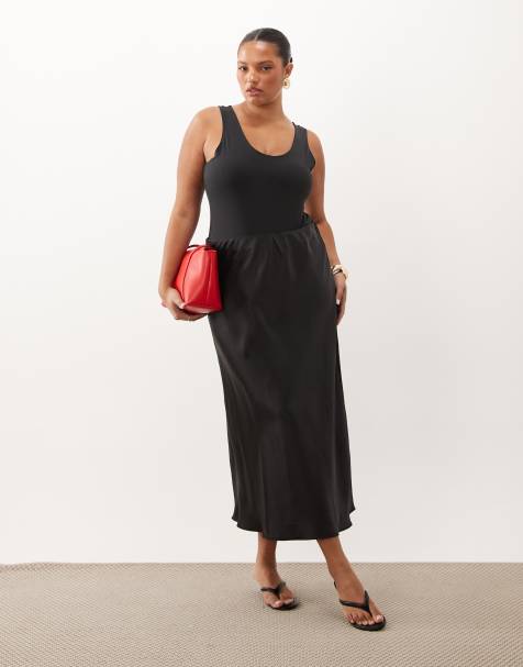 Falda larga negra de corte al bies de satén de ASOS DESIGN Curve - view 1