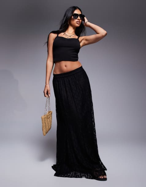 Falda larga negra de corte amplio con godets de encaje de ASOS DESIGN - view 1
