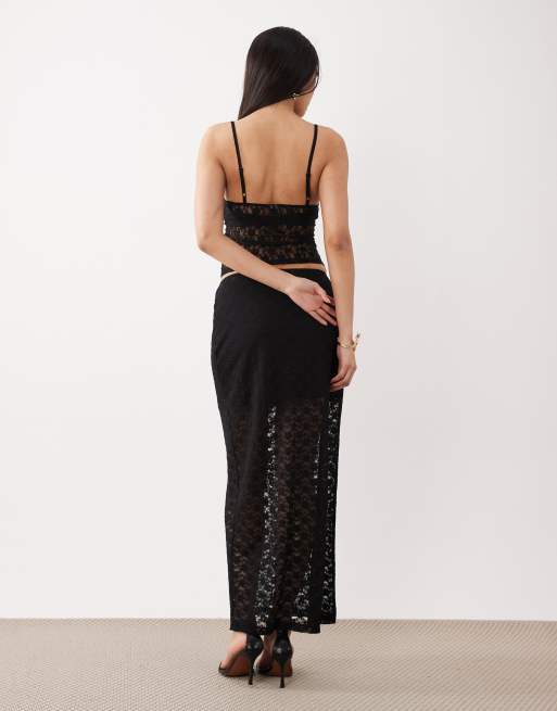 Falda larga negra de corte recto de encaje de ASOS DESIGN, 4 de 5