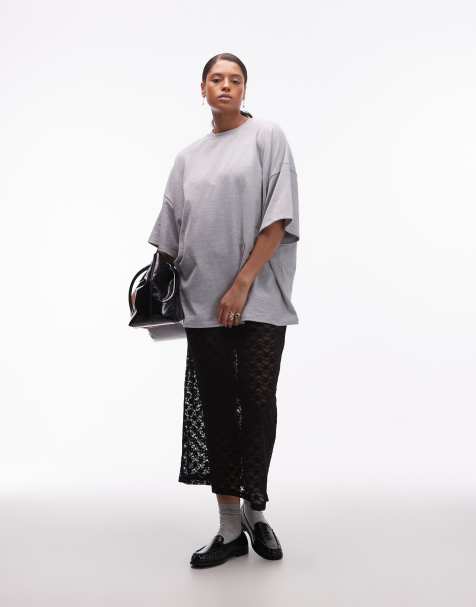 Falda larga negra de corte recto de encaje transparente de ASOS DESIGN Curve - view 1