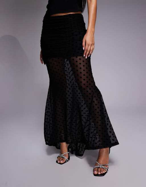 Falda larga negra de corte sirena con estampado de lunares flocados de ASOS DESIGN, 3 de 5