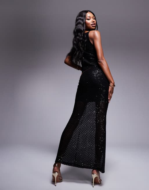 Falda larga negra de corte sirena de lentejuelas de ASOS DESIGN (parte de un conjunto), 2 de 5