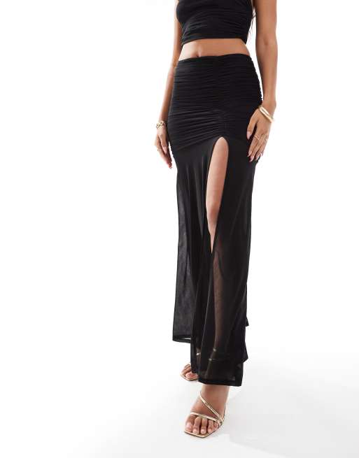 Falda larga negra fruncida con abertura de malla de ASOS DESIGN (parte de un conjunto), 4 de 5