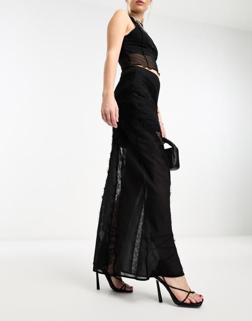 Falda larga negra transparente de corte al bies con insertos de encaje de ASOS DESIGN