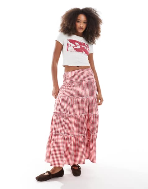 Falda larga roja a cuadros vichy con volantes en las costuras de Daisy Street - view 1