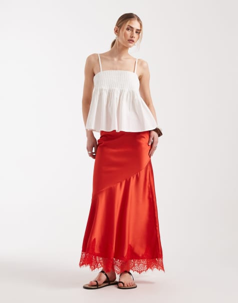 Falda larga roja de corte sirena con bajo de encaje de ASOS DESIGN - view 1