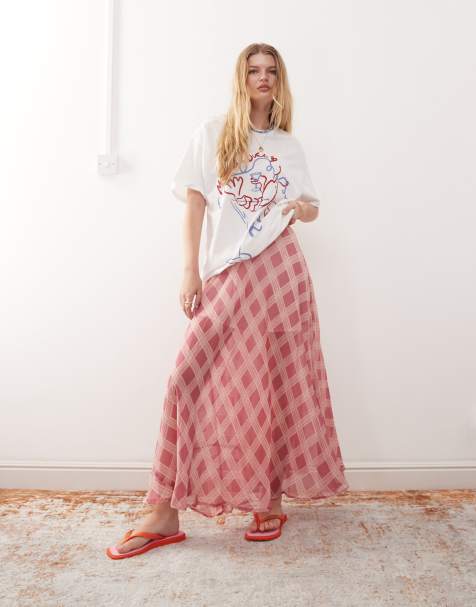 Falda larga rosa a cuadros de corte amplio de tejido transparente para festivales de Reclaimed Vintage - view 1