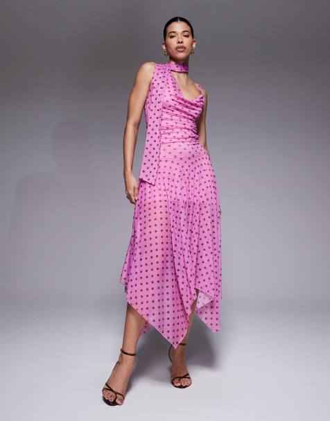 Falda larga rosa ceñida con estampado de lunares marrones y bajo de picos de malla exclusiva de Kaiia (parte de un conjunto) - view 1