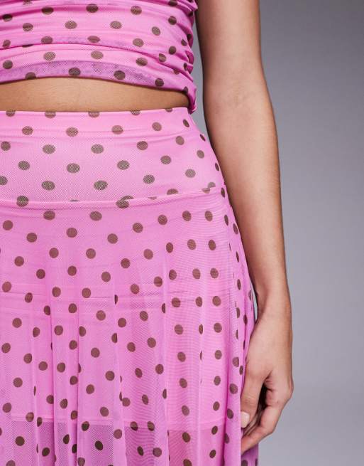 Falda larga rosa ceñida con estampado de lunares marrones y bajo de picos de malla exclusiva de Kaiia (parte de un conjunto), 2 de 5