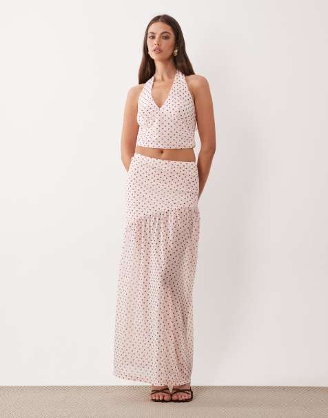 Falda larga rosa con estampado de lunares y detalle de bajo transparente de chifón exclusiva de The Frolic (parte de un conjunto) - view 1