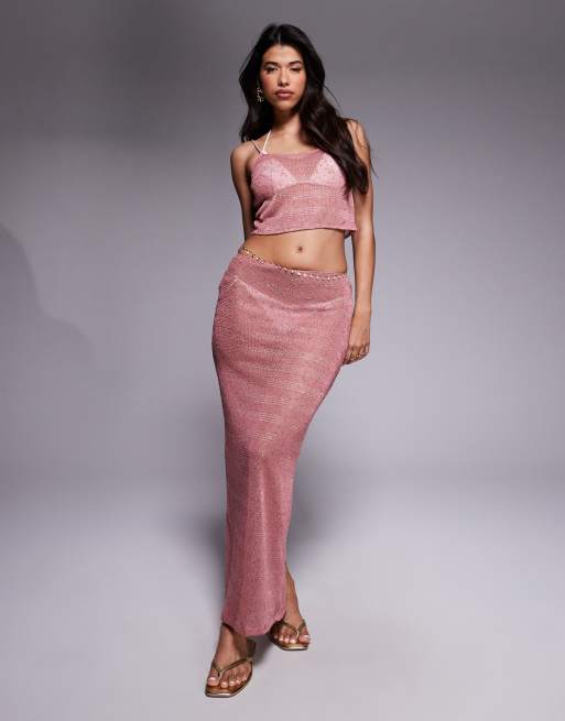 Falda larga rosa empolvado de punto con lentejuelas de South Beach, 4 de 5