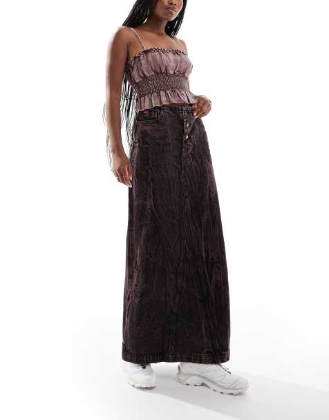 Falda larga vaquera marrón con lavado ácido exclusiva de Deus Ex Machina x ASOS - view 1