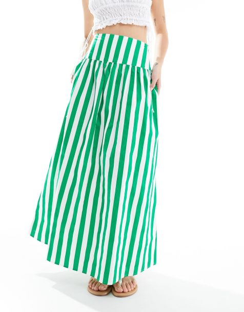 Falda larga verde a rayas con cintura caída de popelina de algodón de ASOS DESIGN - view 1