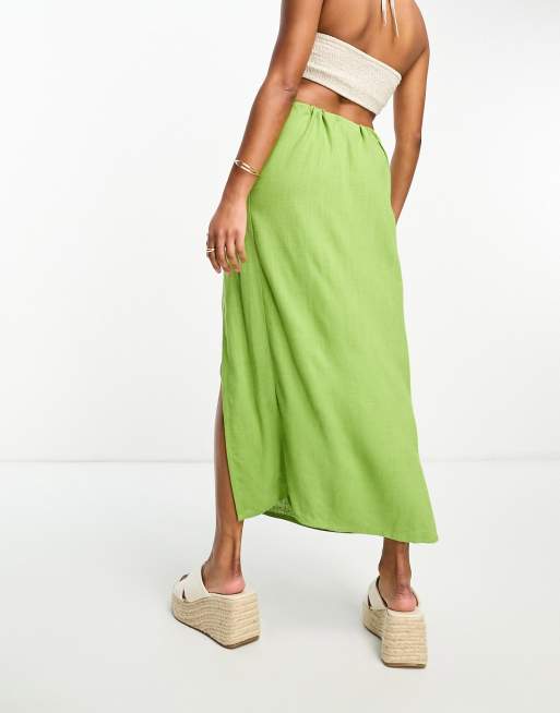 Falda larga verde con abertura hasta el muslo de lino de ASOS DESIGN Petite, 4 de 4