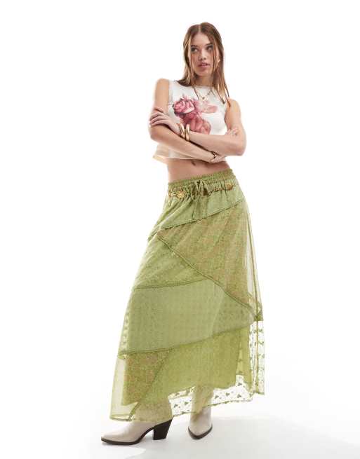Falda larga verde con diseño de paneles tipo patchwork de tejidos variados de Miss Selfridge