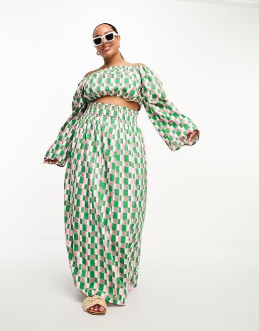 Falda larga verde con estampado geométrico de algodón de Native Youth Plus (parte de un conjunto)