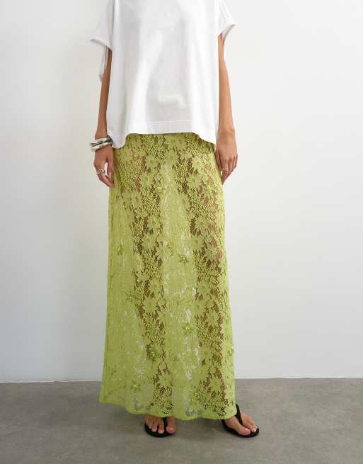Falda larga verde de encaje con diseño floral y abalorios de Topshop, 4 de 5