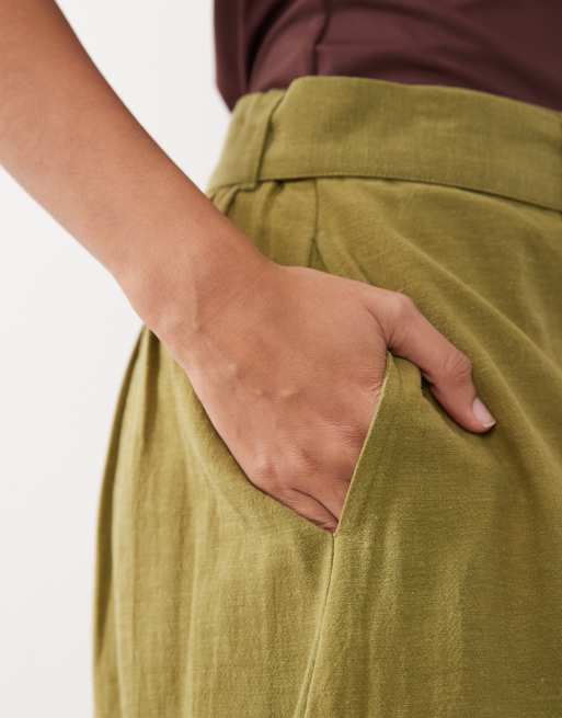 Falda larga verde de talle alto con cinturón de mezcla de lino de JDY, 4 de 5