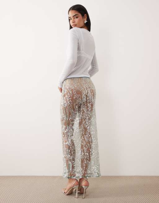 Falda larga verde menta de malla transparente con lentejuelas de ASOS DESIGN, 2 de 5