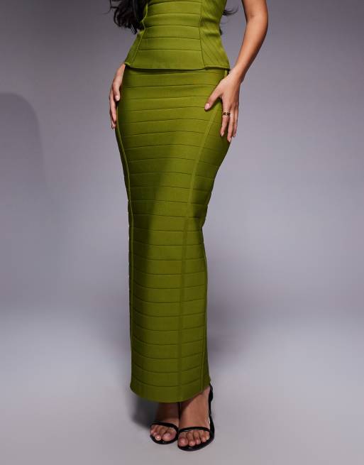 Falda larga verde oliva ajustada de estilo bandage con diseño moldeador premium exclusiva de Kaiia (parte de un conjunto), 2 de 5
