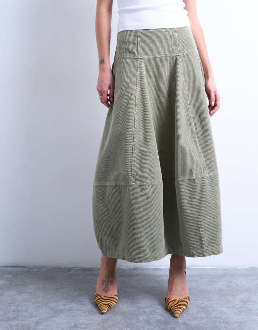 Falda larga verde salvia de corte barrel con costuras de pana de Topshop, 3 de 5
