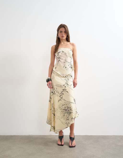 Falda lencera larga de corte al bies con estampado floral monocromático estilo boceto de Topshop (parte de un conjunto)