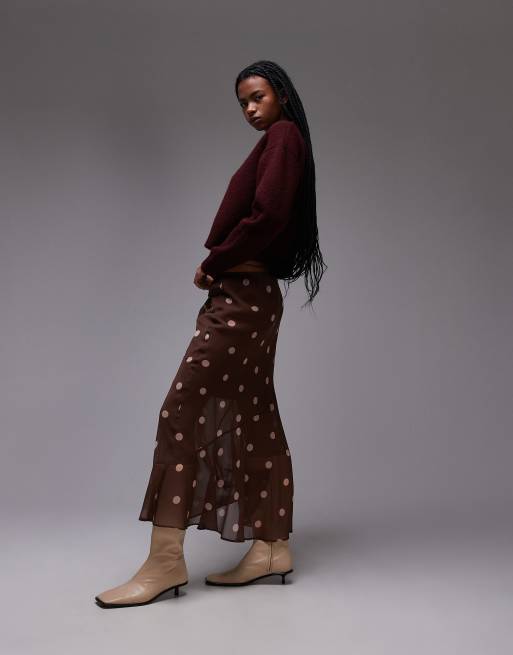 Topshop chiffon cutabout skirt in brown polka dot