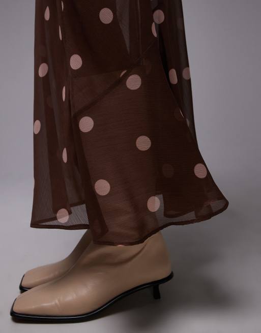 Topshop chiffon cutabout skirt in brown polka dot
