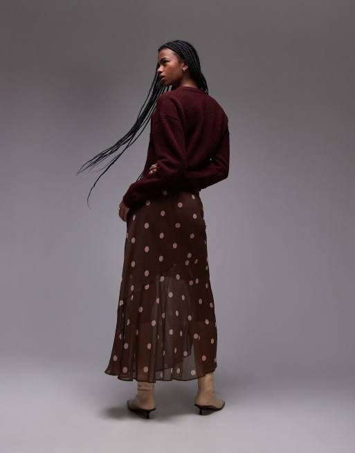 Topshop chiffon cutabout skirt in brown polka dot