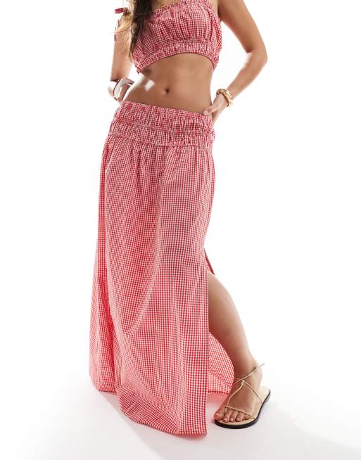 Falda midi a cuadros vichy rojos fruncida de New Look (parte de un conjunto), 3 de 5