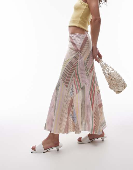 Falda midi a rayas multicolores con diseño efecto retales cosidos y acabado efecto lavado de Topshop, 5 de 5