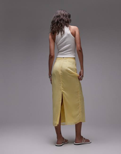 Falda midi amarillo pastel con bordado floral de tejido transparente de Topshop, 2 de 5