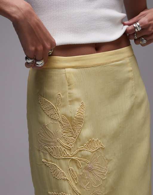 Falda midi amarillo pastel con bordado floral de tejido transparente de Topshop, 4 de 5
