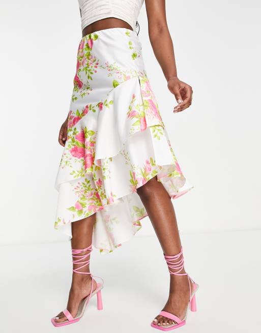 Falda midi con volantes y de rosas de satén ASOS DESIGN ASOS
