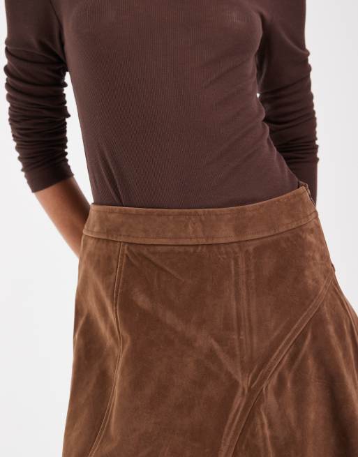falda midi asimétrica de ante sintético marrón, 4 de 5