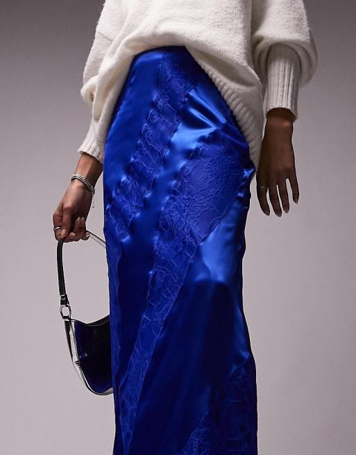 Falda midi azul cobalto de satén y encaje premium de Topshop, 2 de 4