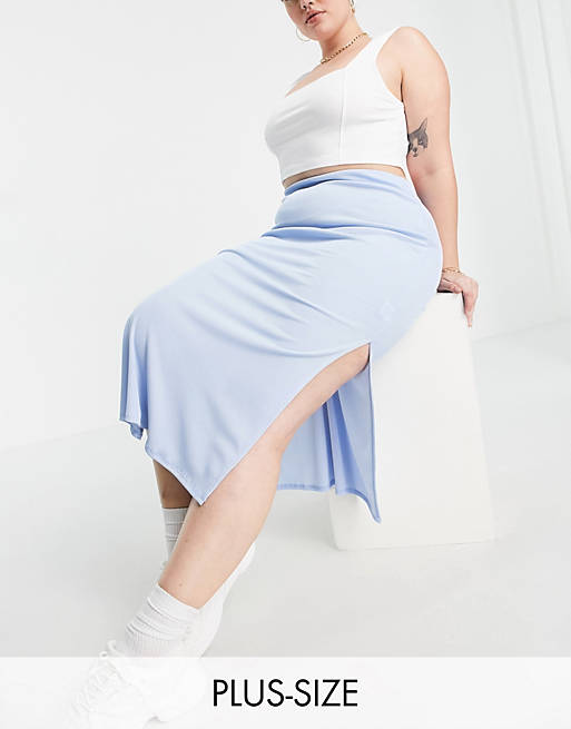 Falda midi azul con aberturas laterales de canalé de Flounce Plus (parte de un conjunto)