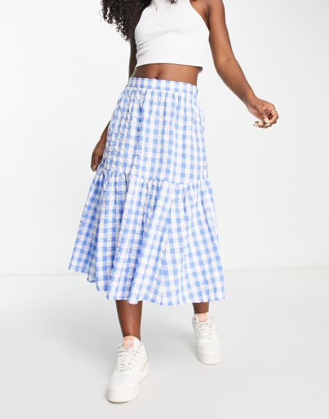 Falda midi azul y blanca a cuadros vichy con volante de sirsaca de Monki - view 1