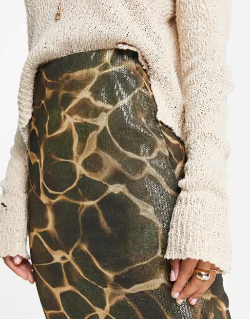Falda midi beis de lentejuelas con capa de malla estampada de Topshop, 3 de 4