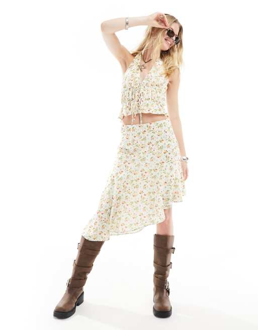 Falda midi blanca asimétrica con estampado floral estilo chintz de Kiss The Sky (parte de un conjunto)