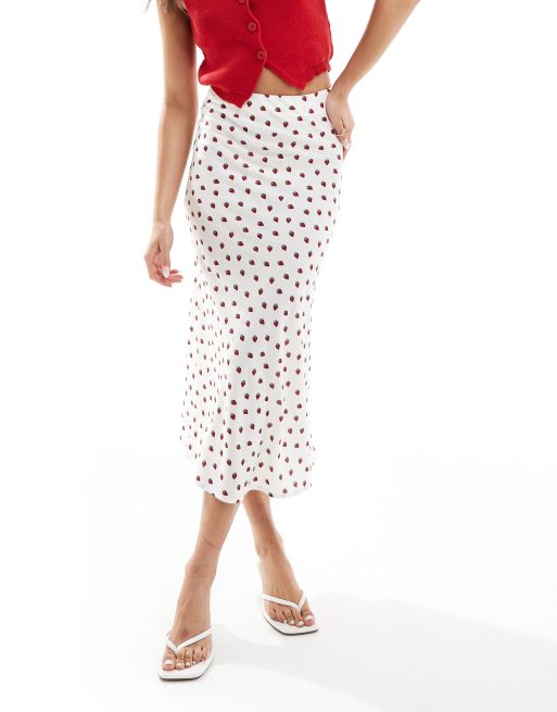 Falda midi blanca con estampado de fresas y abertura de Wednesday's Girl