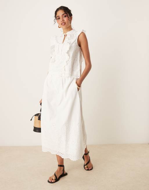 Falda midi blanca de corte amplio con detalle bordado de YAS (parte de un conjunto)