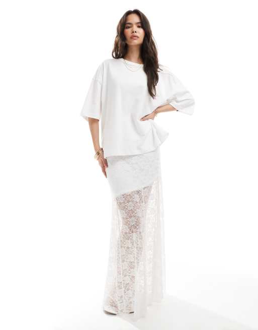 Falda midi blanca de encaje con bajo asimétrico y forro de Vero Moda, 2 de 5